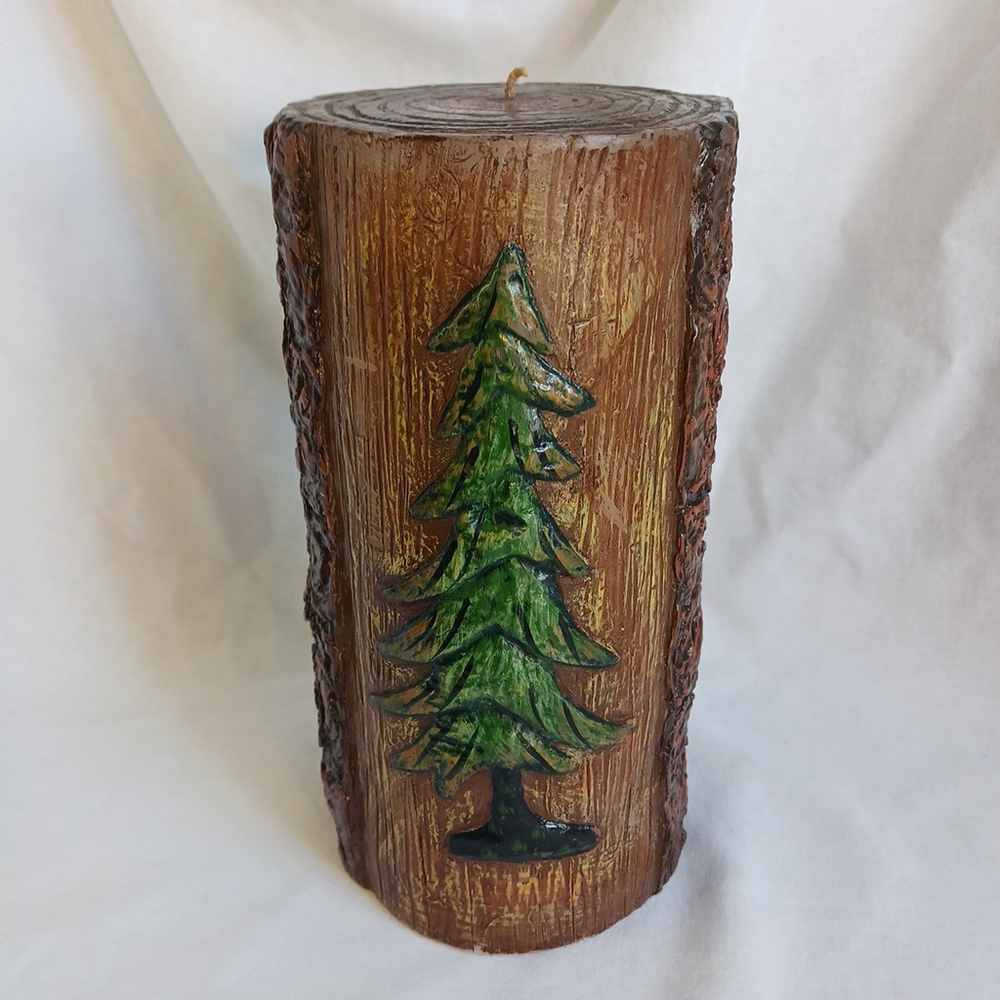 Vintage 70s Large Pillar Candle Pine Trees Bark Brown Green